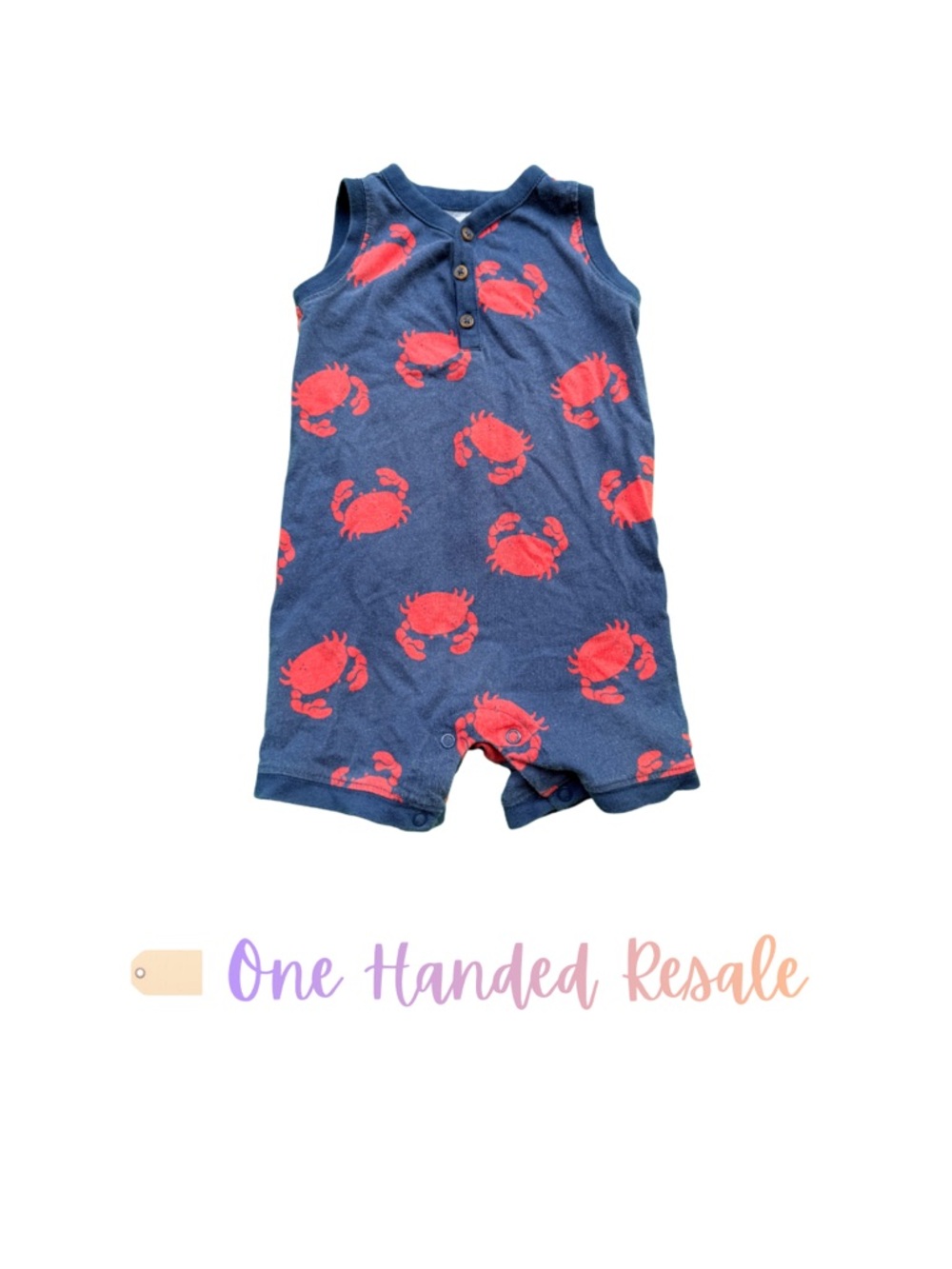 🦀 Carter’s Navy Blue w/ Bright Red Crab Print Sleeveless Summer Baby Romper 18M
